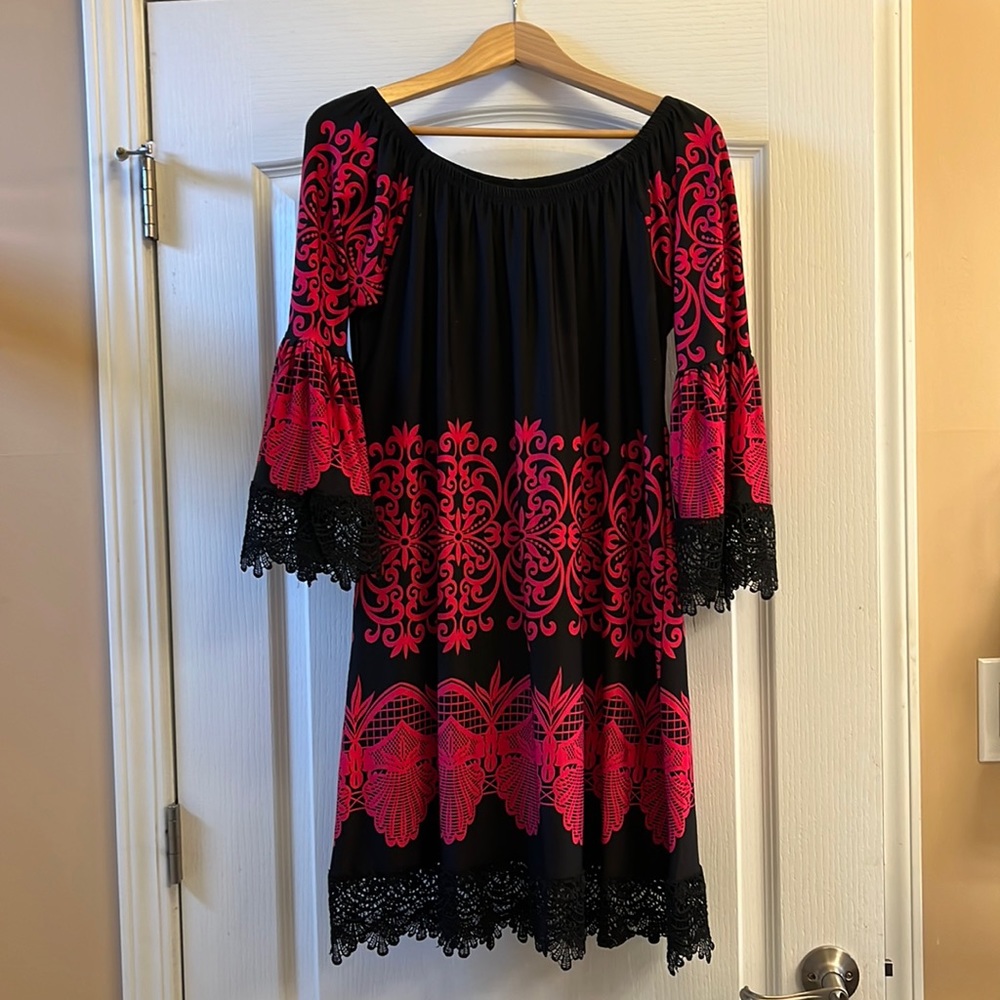 Black and Pink women’s dress with bell sleeves and black lace trim